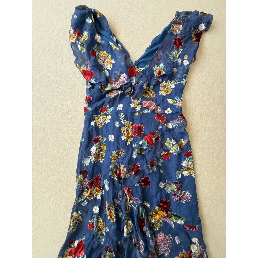 Alice + Olivia Blue Floral Burnout Velvet Silk Ruffle Midi Dress Size 12